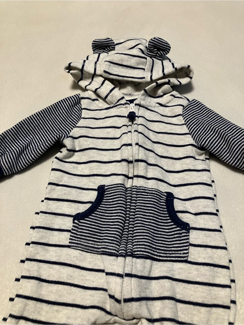 Navy and White Striped Hooded One-Piece Romper